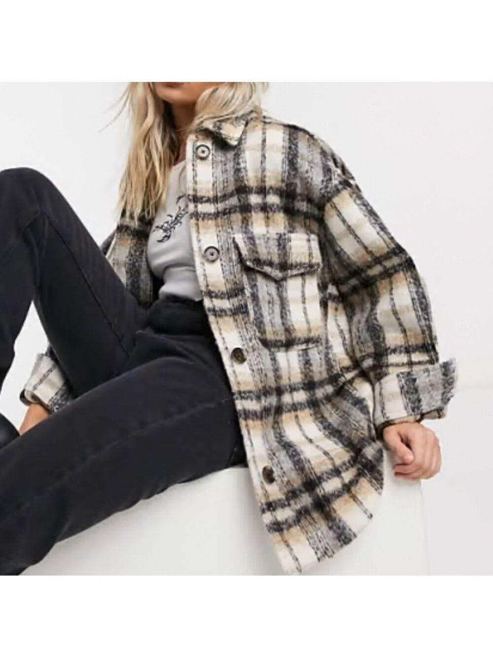ASOS
wool blend button up jacket collar pockets black white oversized 2